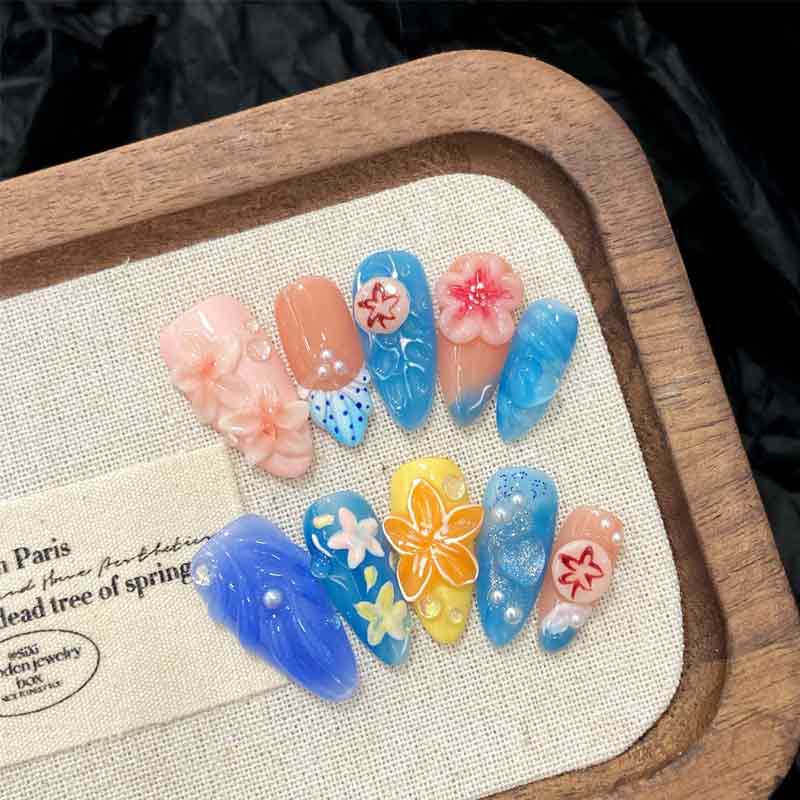 Blue Floral Gradient Nail Art Set - 3D Flower Designs