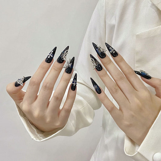 Navy Blue Luxury Stiletto Press-On Nails - Silver Charms