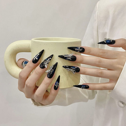 Navy Blue Luxury Stiletto Press-On Nails - Silver Charms