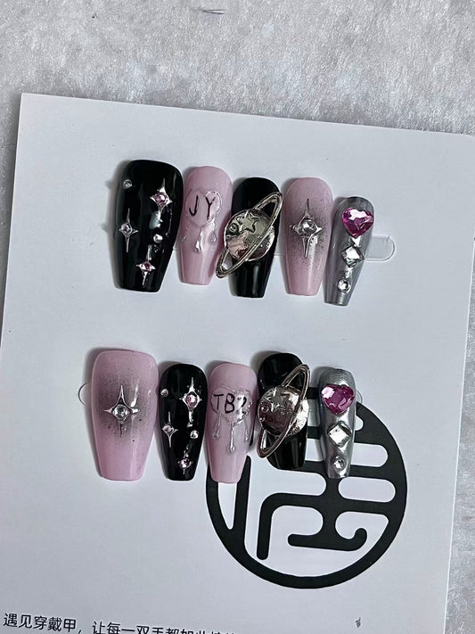 Kapownails Galaxy Love Press On Nails - Black Pink Duo × Cosmic Stars & iMOUI Hearts