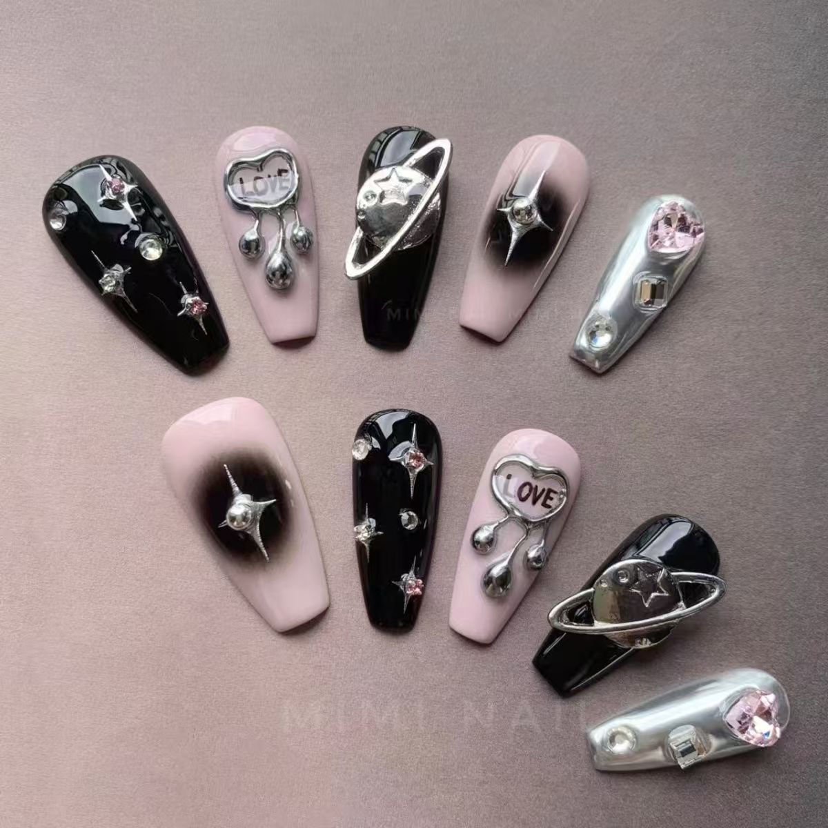 Kapownails Galaxy Love Press On Nails - Black Pink Duo × Cosmic Stars & iMOUI Hearts