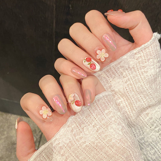 Oval Short Press-On Nails - Cherry Blossom Design