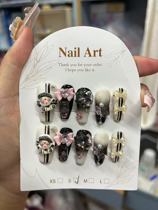 Kapownails Doll-Themed Press On Nails - Charms, Crystals & Pearl Decor