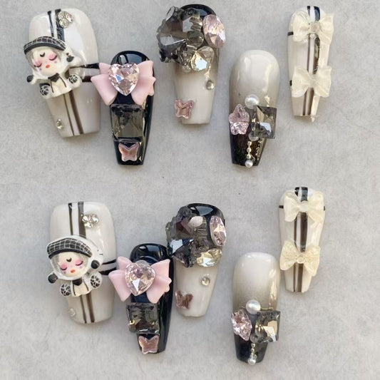 Kapownails Doll-Themed Press On Nails - Charms, Crystals & Pearl Decor