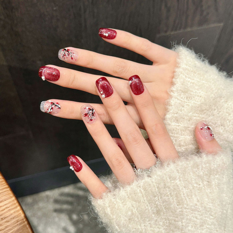 Handmade Squoval Short Press-On Nails - Cherry Bloom