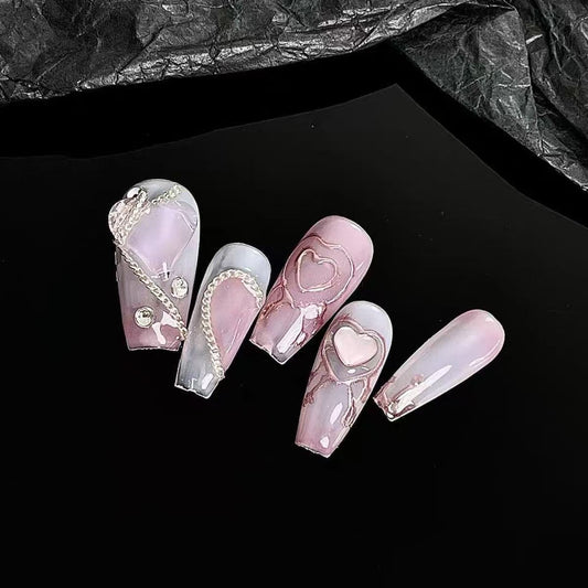 Kapownails Heart & Chain Press On Nails - Pink-Purple Ombré with Crystals