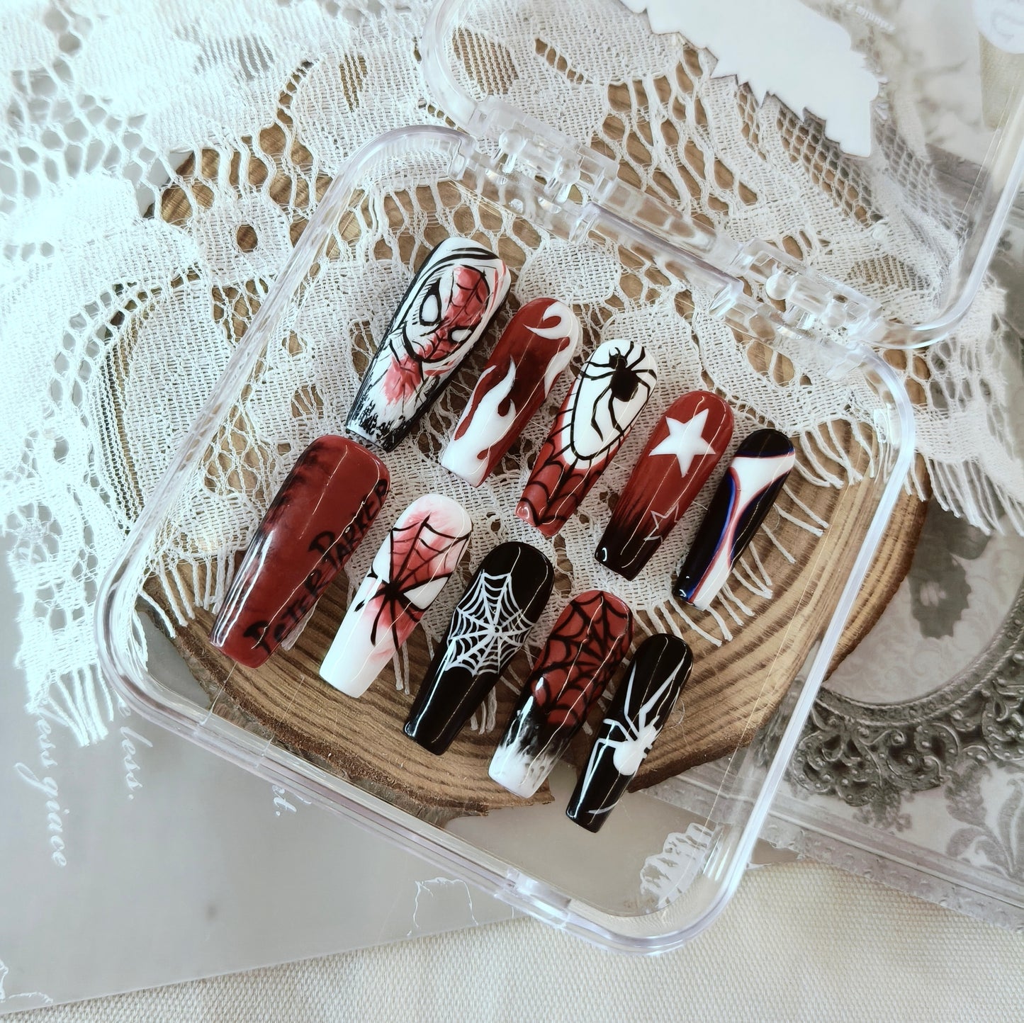 Peter Parker Spider-Man Art Nails | Long Coffin Set