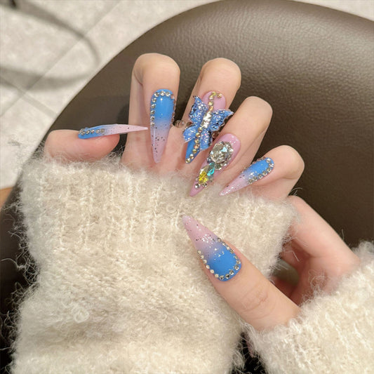 KAPOWNAILS Handmade Stiletto Long Press-On Nails Blue