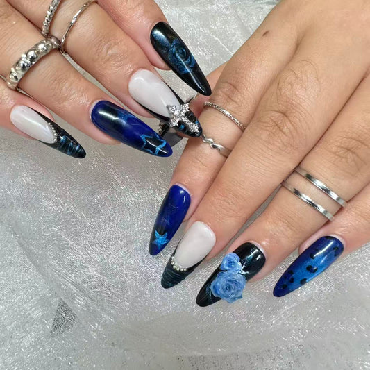 Dark Blue Rose Cross Nails | Long Gothic Set