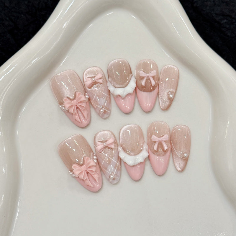Almond Nails Pink Bow Pearl French