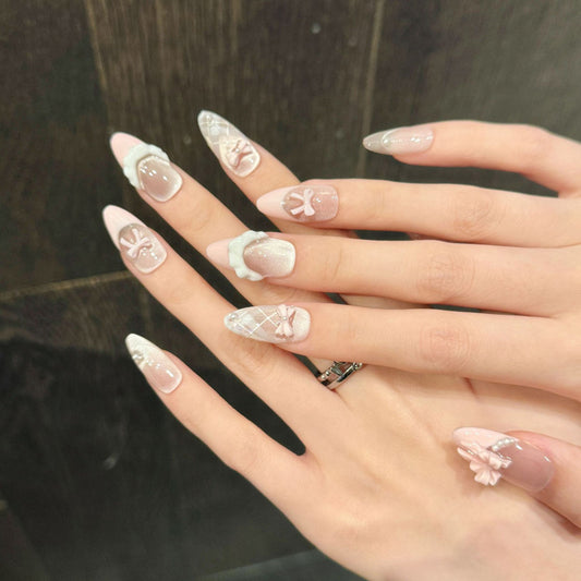 Almond Nails Pink Bow Pearl French