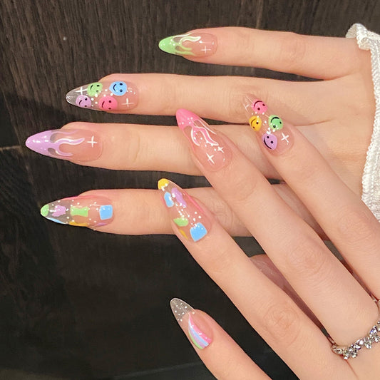 Smiley Face Almond Press-On Nail Decorations