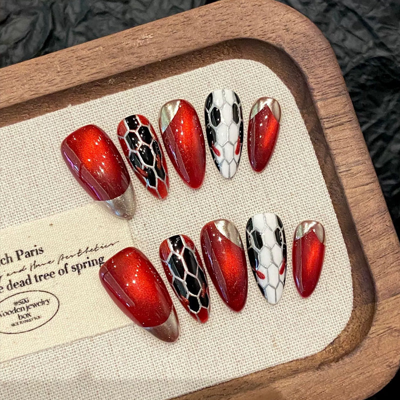 Red Black Leopard Almond Press-On Nails - Wild Animal Set