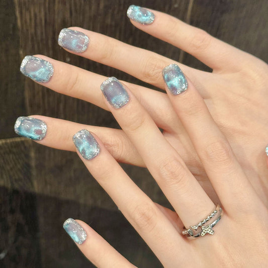 Handmade Squoval Shape Short Nails - Complete Holographic Press On Set
