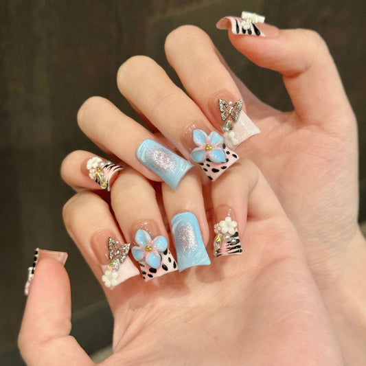 Spring Blue White Coffin Press-On Nail Colors