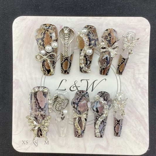 Snake Print Press On Nails with Pearls & Charm Decor | Kapownails