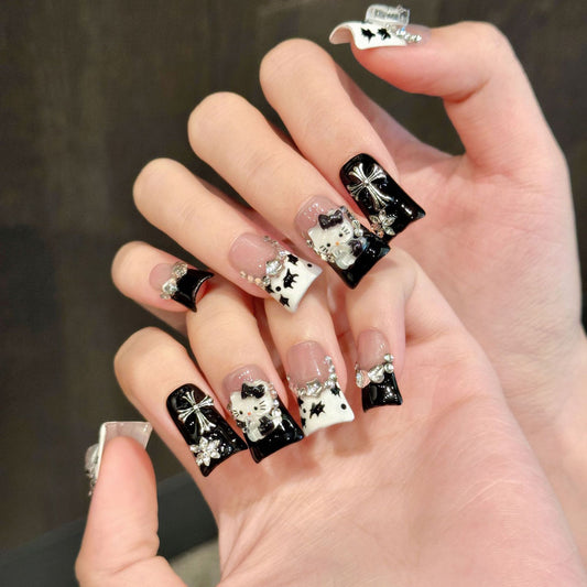 : Flare Press On Nails Black White Cat Cross Gothic Kawaii