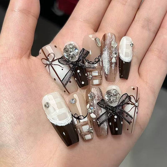Earthy Press On Nails with Crystal & Bows | Kapownails