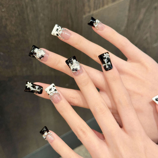 Handmade Black White Cat Cross Gothic Kawaii Flare Press On Nails - Unique Character Design with Edgy Cute Embellishments