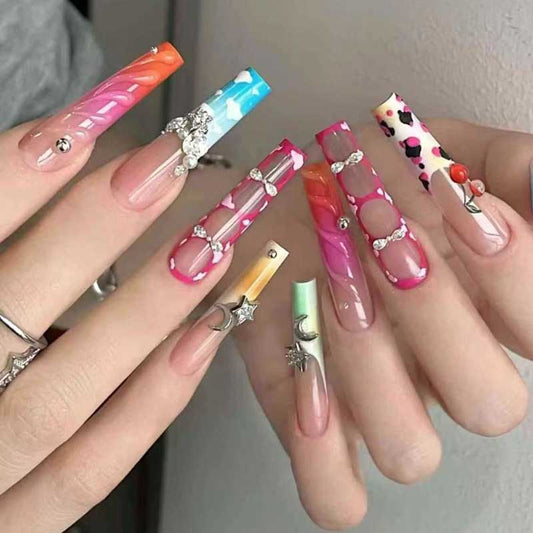 Gradient Floral & Starry Press On Nails - Rhinestone Glam | Kapownails