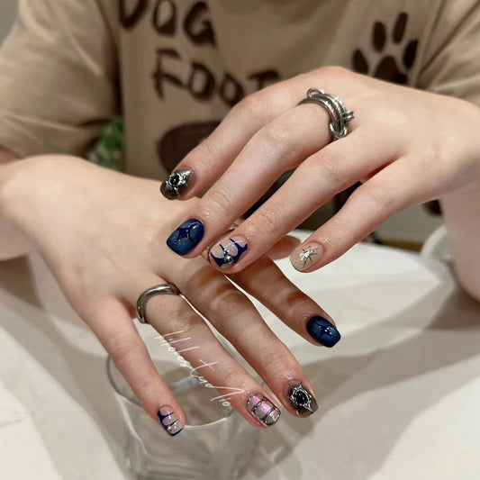 Handmade Blue Pink Silver Professional Design Squoval Short Nails - Sophisticated Luxury Embellishments with Geometric Patterns