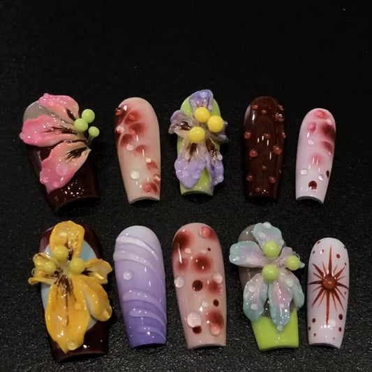 Kapownails 3D Floral Press On Nails - Colorful Bead & Gem Design