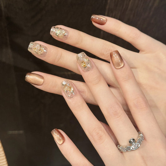 Handmade Brown Gold Foil Clear Transparent Ballerina Short Nails - Sophisticated Metallic Finish with Elegant Glass-Like Effects