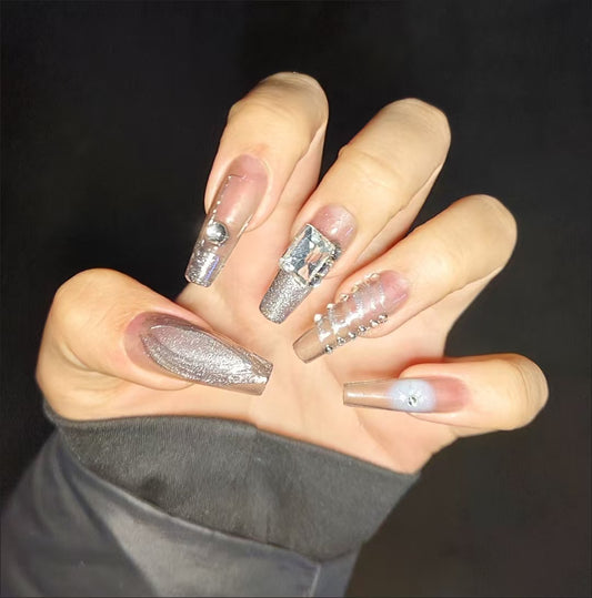 Kapownails Rhinestone Stripe Press-On Nails - Long Glossy Fake Nails Set