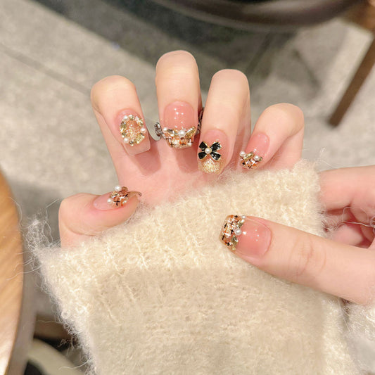 Elegant Pink Pearl Flower Squoval Short Nails - Sophisticated Rhinestone Decorations with Romantic Floral Charm Appeal