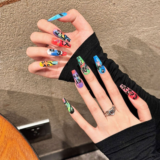 Colorful Graffiti Coffin Press-On Nails - Street Art Set
