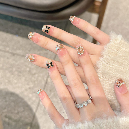 Handmade Pink Pearl Flower Rhinestone Squoval Short Nails - Luxury Floral Design with Premium Crystal Embellishments Beauty