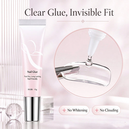 Clear semi-solid nail glue gel applied with precision squeeze tip showing invisible bubble-free fit