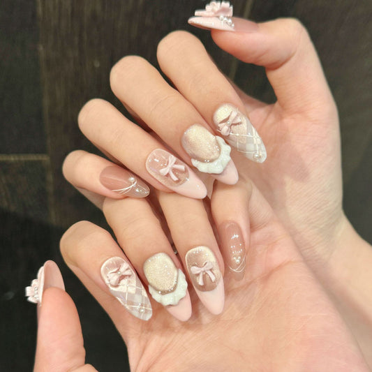 Almond Nails Pink Bow Pearl French