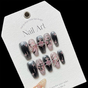 Premium Black Pink Star Butterfly Coffin Medium Nails - Bold Statement Design with Metallic Stars and Feminine Butterfly Elements