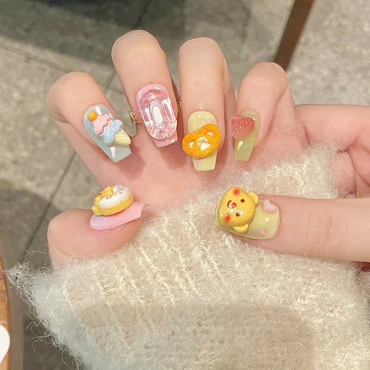 Premium Cute Cartoon 3D Kawaii Ballerina Short Nails - Sweet Character Decorations with Vibrant Pastel Colors and Charm"