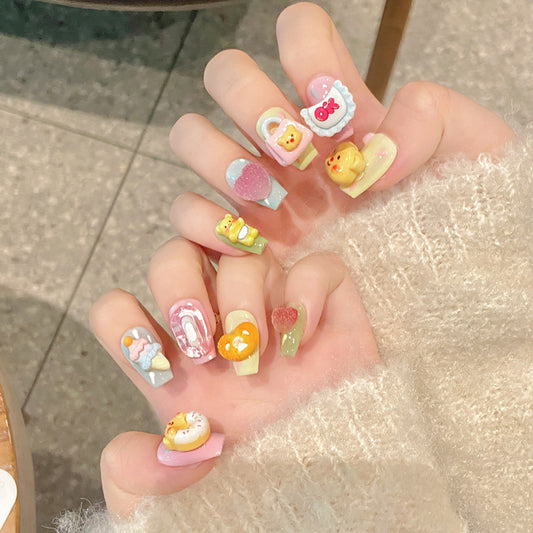 Handmade Cute Cartoon 3D Kawaii Character Ballerina Short Nails - Adorable Dimensional Design with Colorful Playful Embellishments