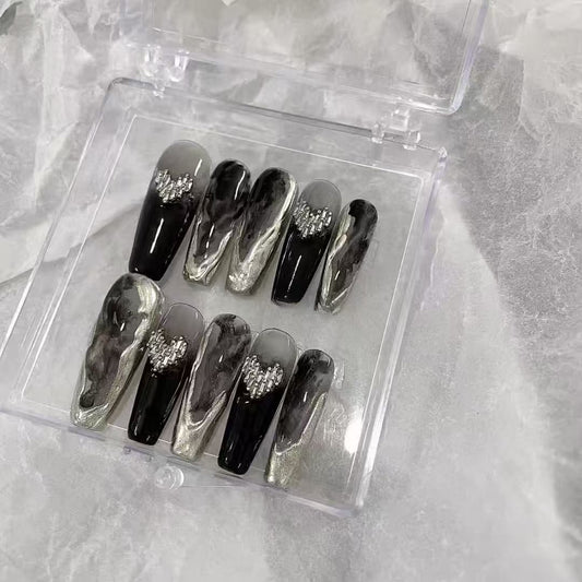 Kapownails Marble Press On Nails - Black Silver Gradient & Rhinestone Hearts