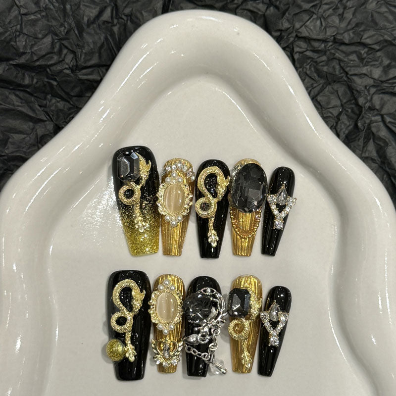 Kapownails Luxury Gold Black Coffin Nails - Handmade