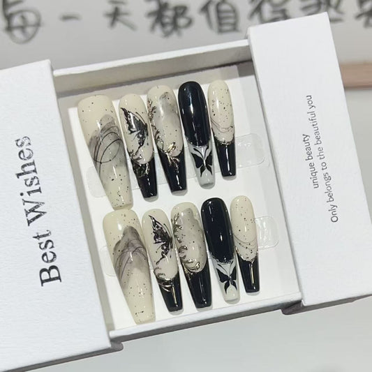 Kapownails 3D Butterfly Press On Nails - Black & White Geometric Glam