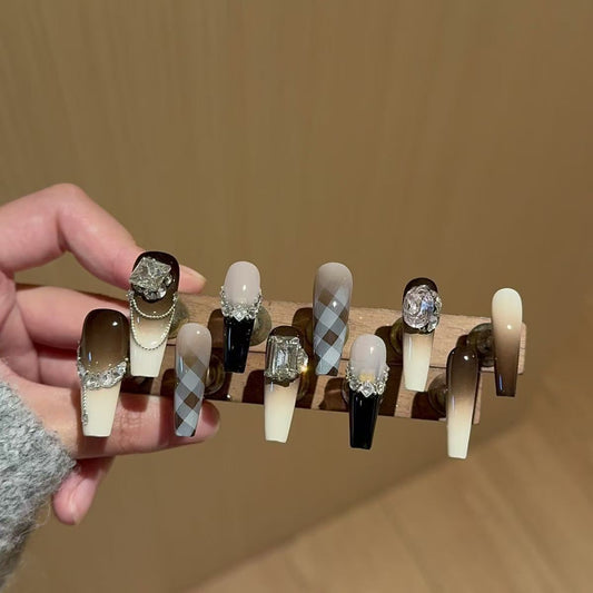 Kapownails Plaid Press-On Nails - Chic Brown Tones with Rhinestone Glam