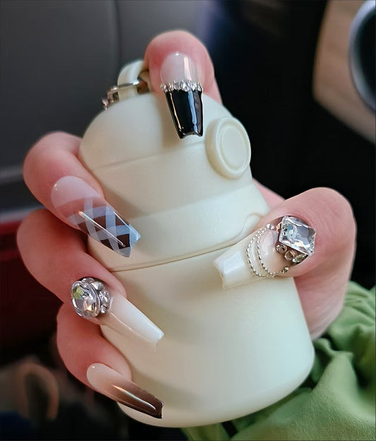 Kapownails Plaid & Glitter Press On Nails - Winter Ready Rhinestone Gel Set