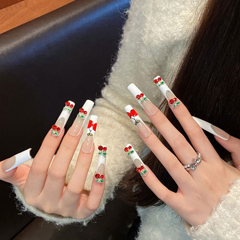 Ballerina Long Nails Cherry Pattern Handmade Press On Fruit Nail Art