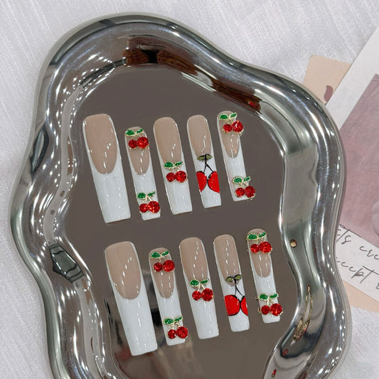 Ballerina Long Nails Cherry Pattern Handmade Press On Fruit Nail Art