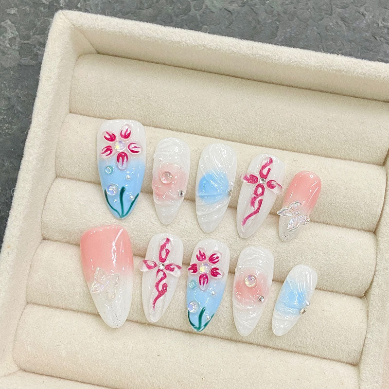 Handmade Almond Shape Nails - Complete Floral Nail Set