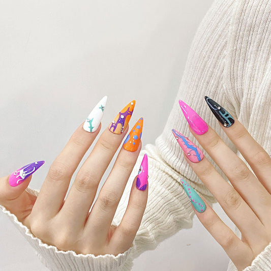 Colorful Abstract Art Design - Vibrant Ink Droplet Nail Patterns