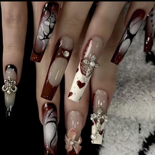 Glam Almond Press on Nails with Pearls, Floral & Heart Decor - Chic Fake Nails