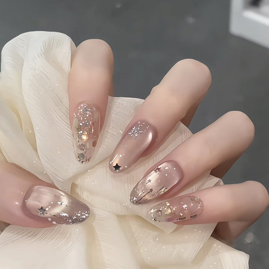 Handmade Almond Press-On Nails - Celestial Stars
