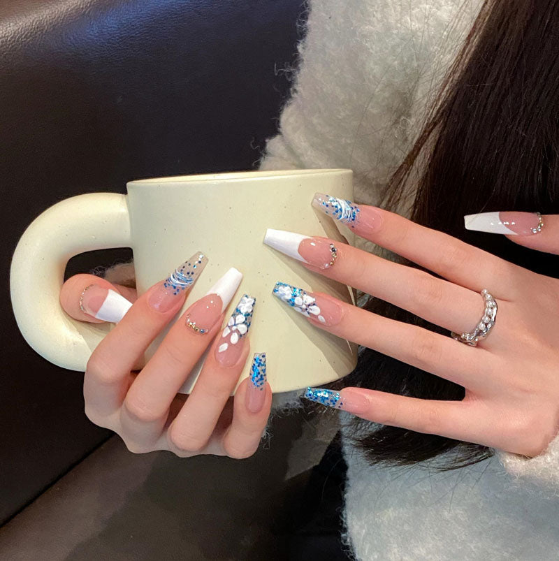 Pink Blue Floral Pattern Design - Romantic Garden Nail Art Collection