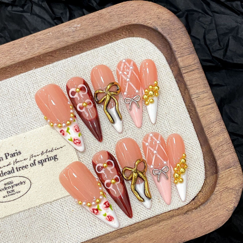 Handmade Stiletto Romantic Nails - Complete Feminine Press On Set