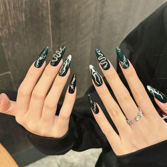 Green Black Snake Pattern Design - Reptile Inspired Nail Art Collection
